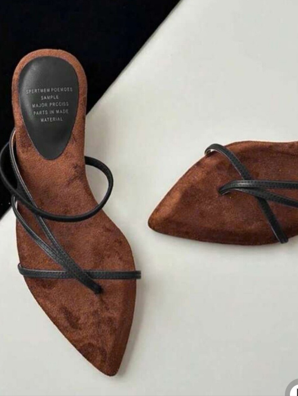 Brown Suede Pointed Mules with Black Straps